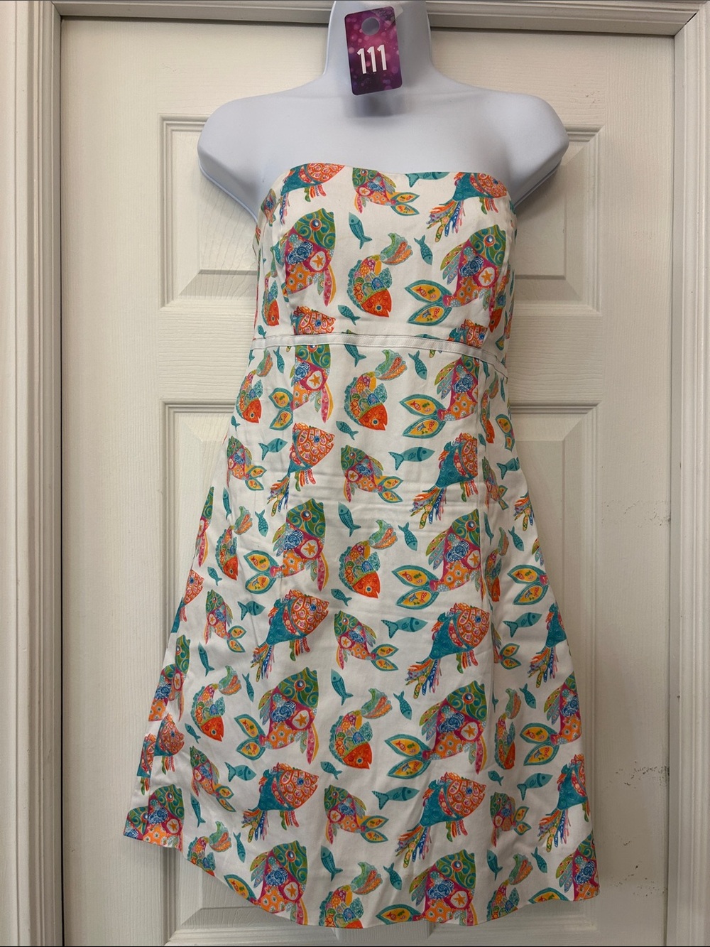 Kaeli Smith White Strapless Dress with Colorful Fish Motif